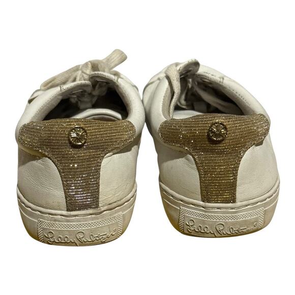 Lilly Pulitzer White Gold Leather Sneakers Women;s Size 8.5 Casual Lace Up - Picture 5 of 8